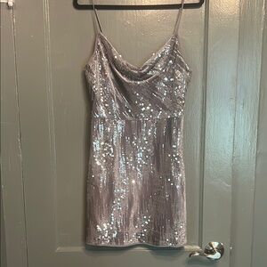 Le Lis Silver Sequin Mini Dress Cowl Neck Sleeveless
